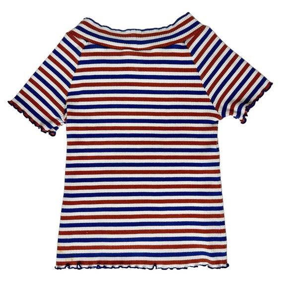 Cute 60s / 70s Colored Striped Lettuce Trim Casual Blouse Top XS - Picture 2 of 6